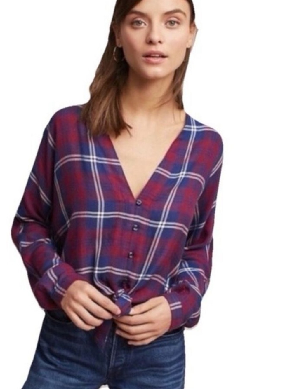 Rails Sloane Cropped‎ Tie Front Plaid Blouse Red Blue Medium EUC